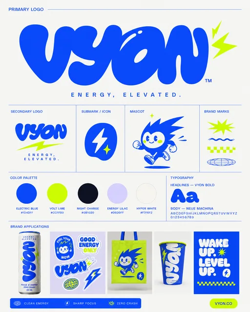 Planche originale de l’identité VYON : logo, couleurs et applications