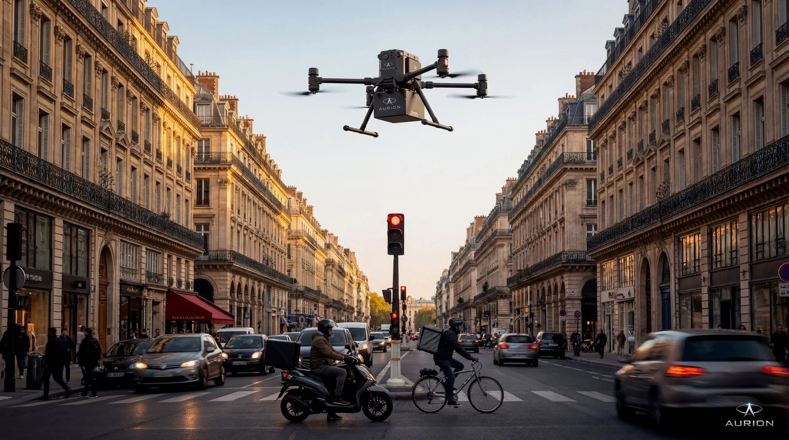 Visuel AURION : drone au-dessus d’une avenue parisienne