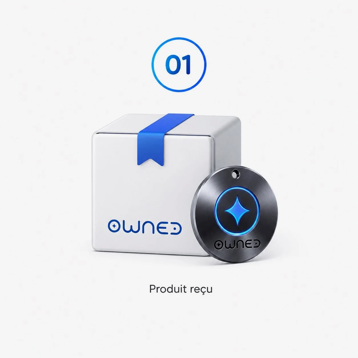 Visuel de concept OWNED : produit reçu, boîte blanche et badge métallique bleu.