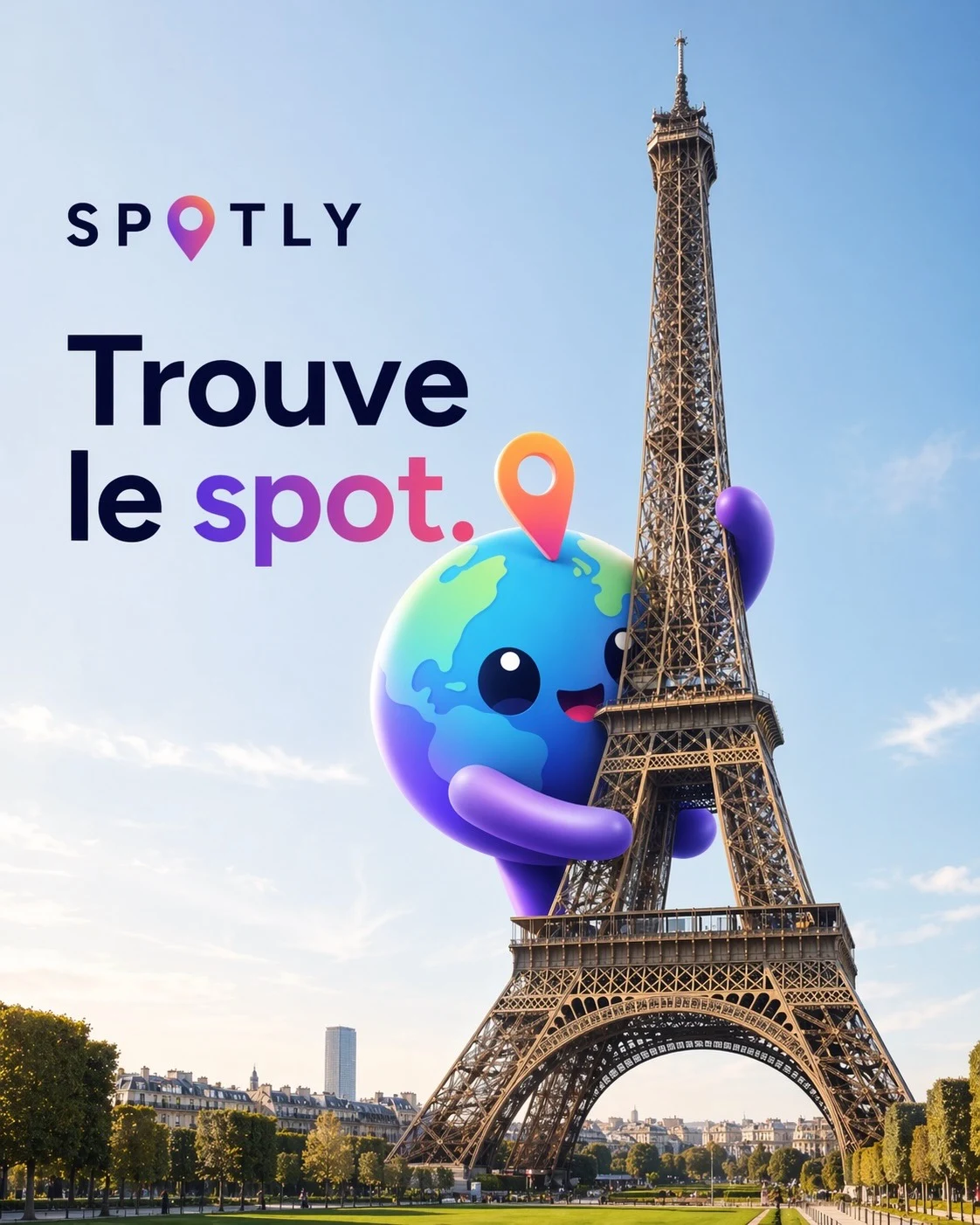 SPOTLY, mascotte, pin et Tour Eiffel