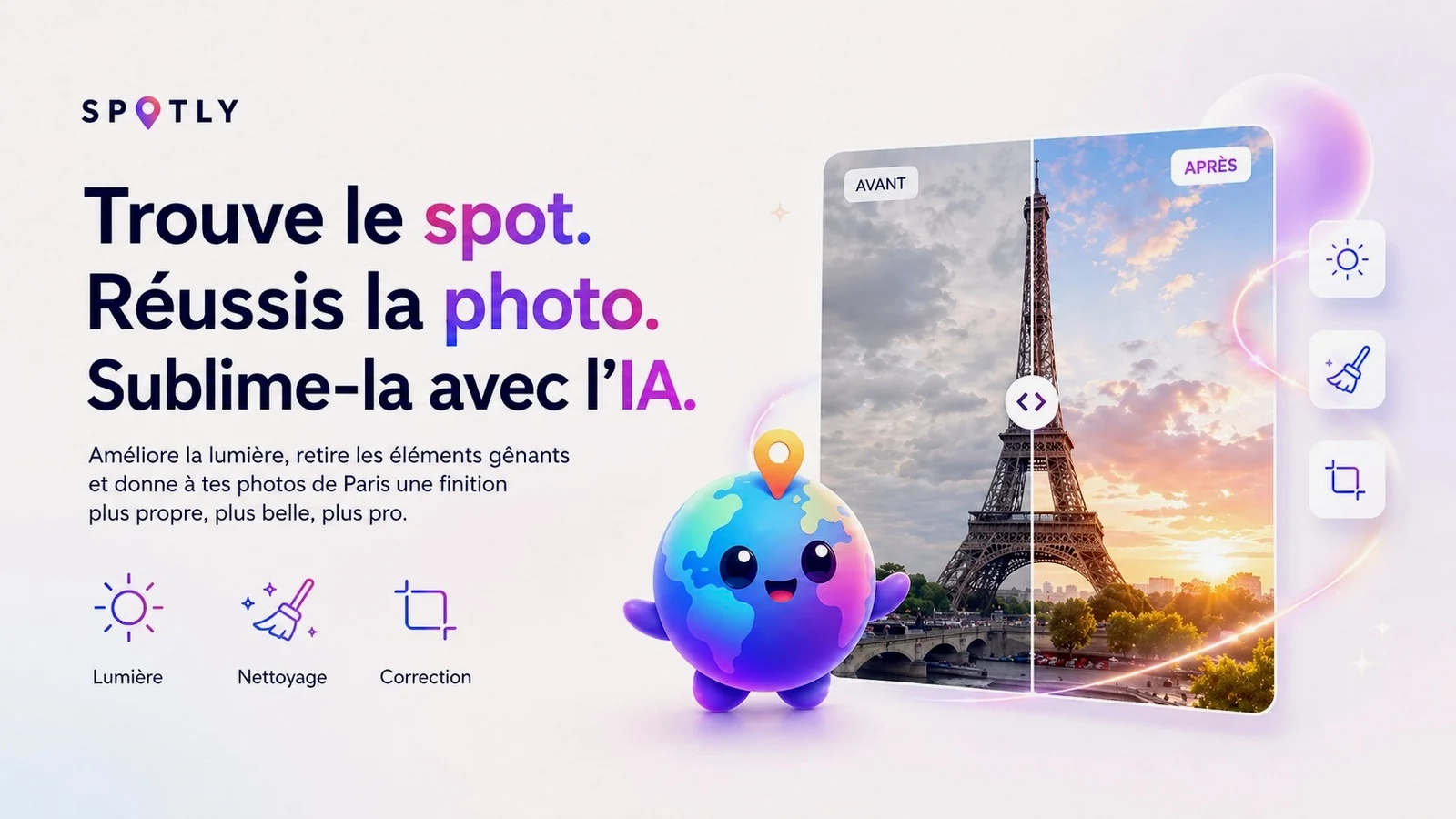 Document SPOTLY complet : Trouve le spot, Réussis la photo, Sublime-la avec l’IA ; comparaison avant et après de la Tour Eiffel, lumière, nettoyage et correction.